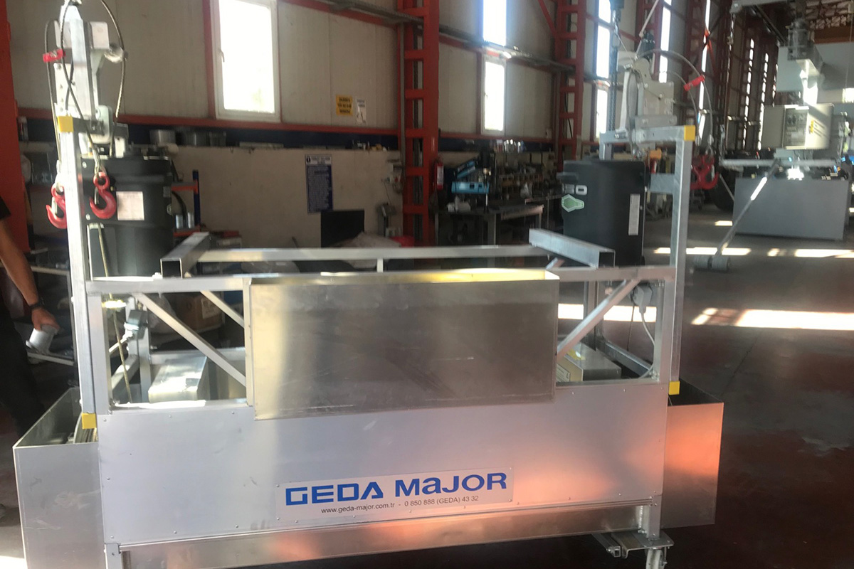 Two person powered platform is able to carry two persons inside the platform. These platforms are inseparable part of BMU and monorail systems. Platform includes two hoisting unit mounted in the cradle.